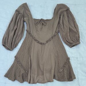 Free People Brown Mini Dress Puff Sleeves Corset Top Lace Details Size XS Cotton